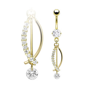 14K Gold Navel Ring - "J" Fish Dangle Belly Ring w/ CZ Gem