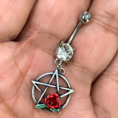 Belly Button Ring Naval piercing Surgical Steel Dangle Star and red rose design