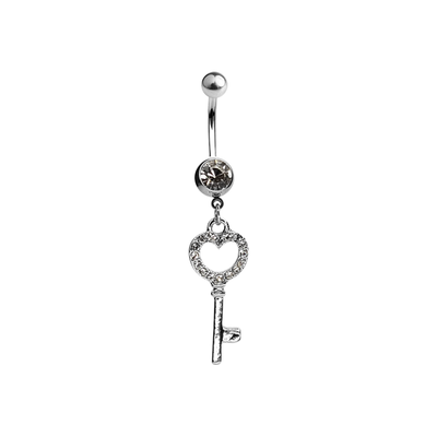 CZ Paved Heart Key Dangle Navel Belly Ring Surgical Steel 14g Sold individually