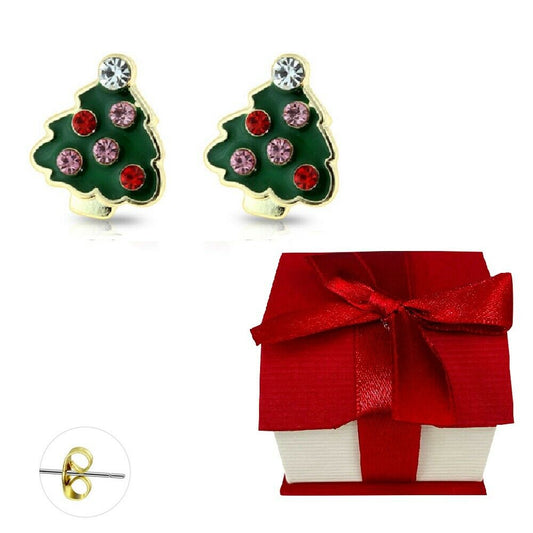 Holiday Earrings Studs Gold Plated Enamel Christmas Tree Gift Box Included