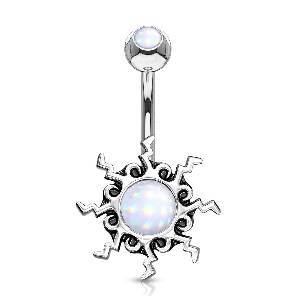 Belly Ring with Tribal Sun Illuminating Stone Center & with Illuminating Top 14g