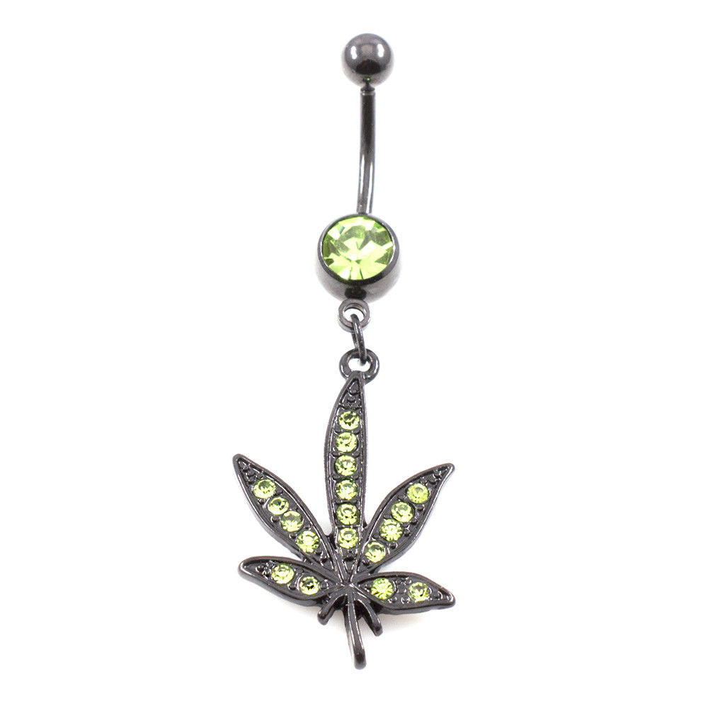 Belly Ring Pot leaf Black Anodized Dangle Design with Cubic Zirconia Jewels