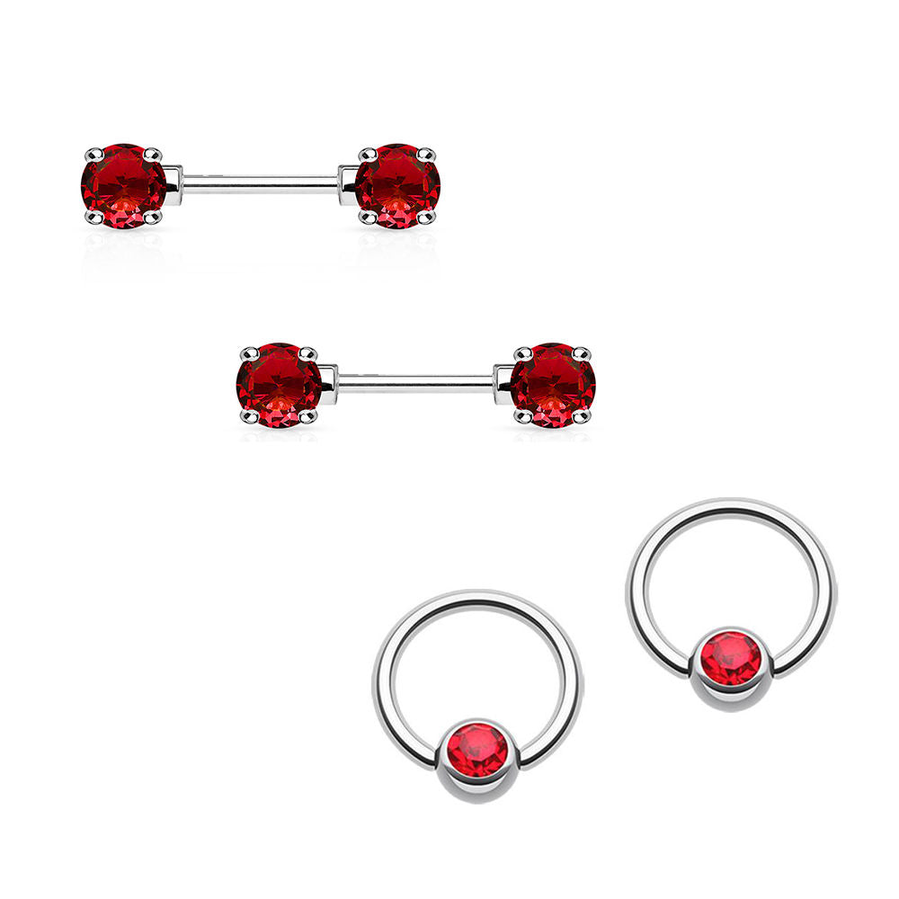 Nipple Ring 14G Barbell/Captive Combo Surgical Steel with Round CZ Gems