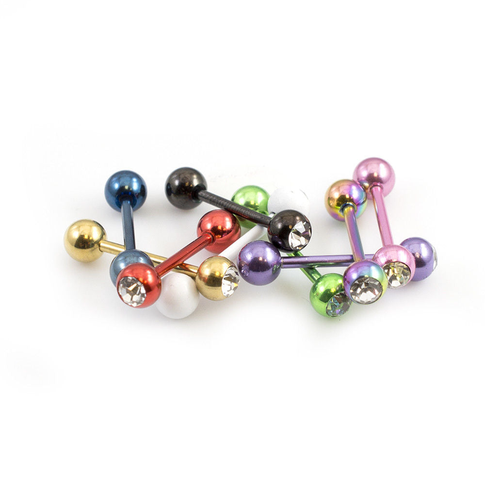 Tongue Barbell Package of 10 Anodized Barbells and Clear CZ 14g