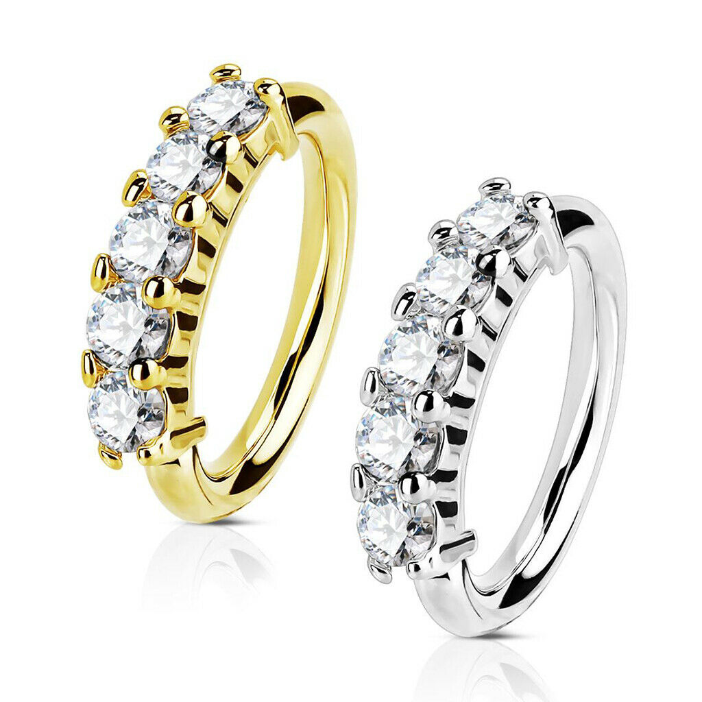 Open Hoop Rings for Nose, Ear Cartilage and Lip Piercings 14Kt Gold Five CZ