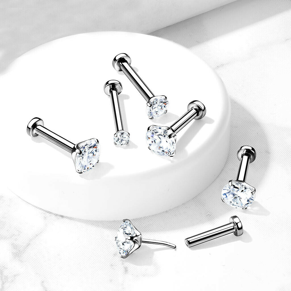 Threadless Push in Labret Flat Back Implant Grade Titanium Studs with CZ