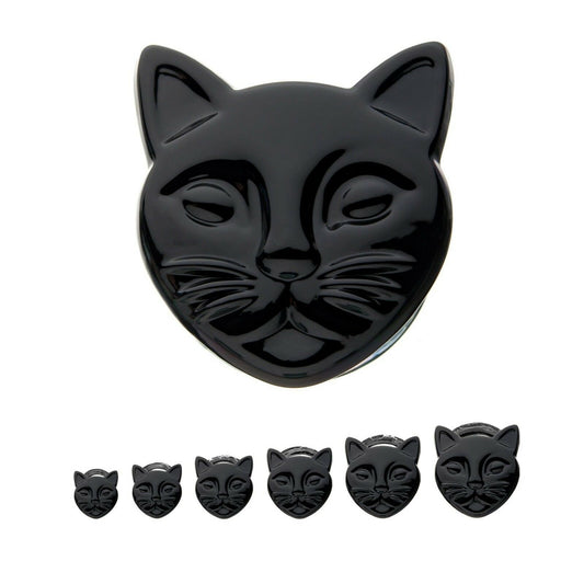 Pair of Double Flare Black Cat Head Design Ear Plugs Made of Glass