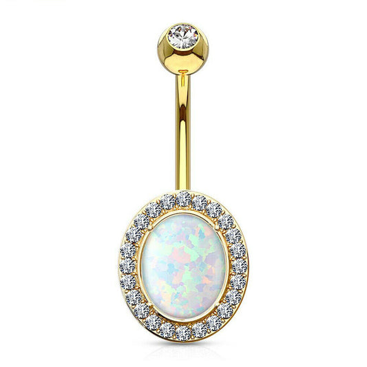 Navel Ring 14KT Gold Non Dangle with Oval Opal Center and Clear CZ Frame 14ga