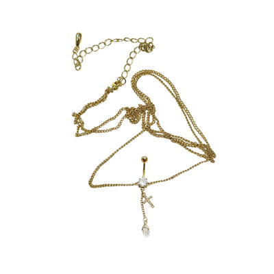 Belly Chain Navel Ring Gold Plated Waist Dangle Teardrop & CZ Cross Chain 14G