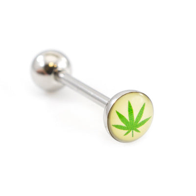 Tongue Barbell with Pot Leaf Design design 14g