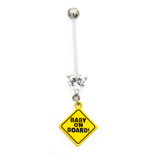 Navel Ring perfect for Pregnancy Period with Baby on Board Sign with CZ Gems 14g