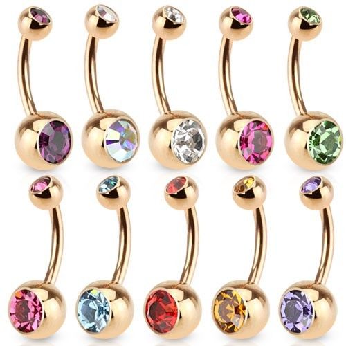 14GA Double CZ Basic Navel Ring Rose Gold IP Over 316L Surgical Steel - 10 Color