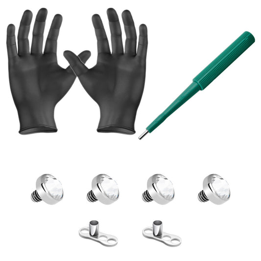 Dermal Piercing Kit 4 Clear CZ Tops 2 Dermal Bases Puncher and Gloves 8 Pieces