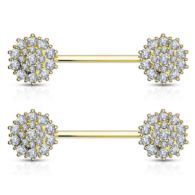 Nipple Barbell Triple Tiered CZ Flower Made of 14K Gold 14 Gauge