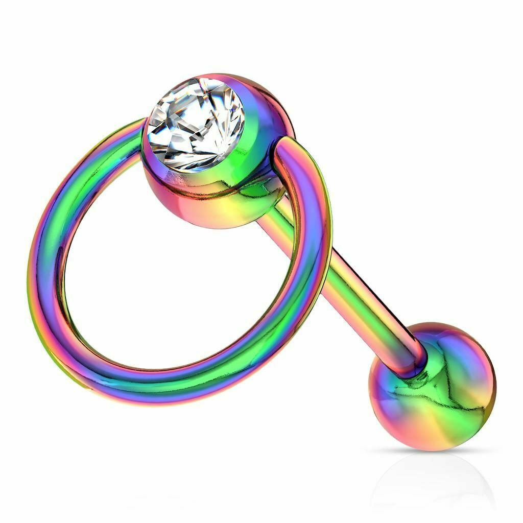 Tongue Ring Clear Gem with Door Knocker Ring PVD over Surgical Steel Barbell 14g