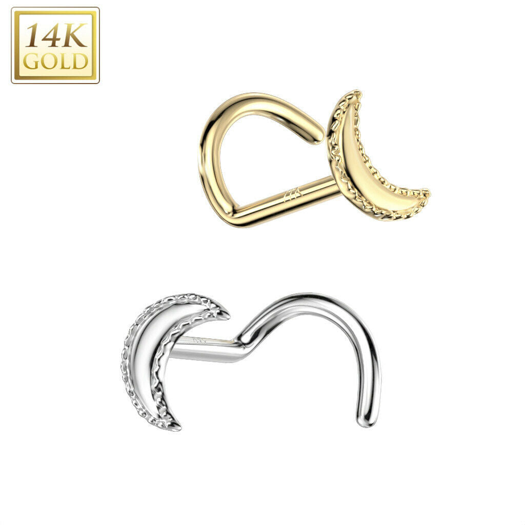 Nose Screw Rings With Crescent moon top 14K solid gold 20G fit nose piercings