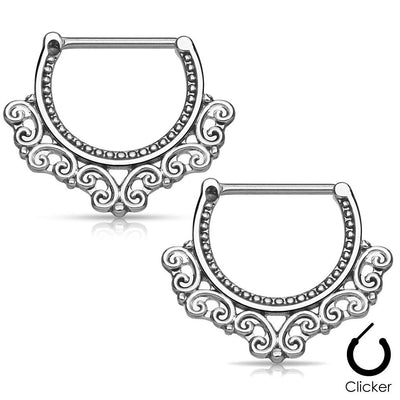 Pair of Nipple Piercing Shields 14G Surgical Steel Tribal Hearts Filigree