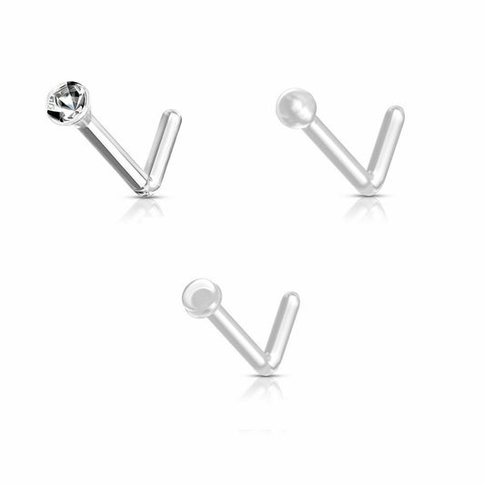 Pack of 3 Nose Rings Flexible Clear L Bend Gem Top