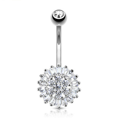 Navel Ring 14 Karat Solid Gold with Clear CZ Sunflower 14ga