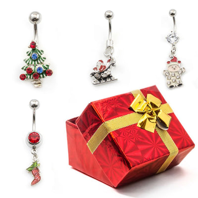4 Belly Ring Pack + Holiday Gift Box - Tree Santa Stocking Snowman