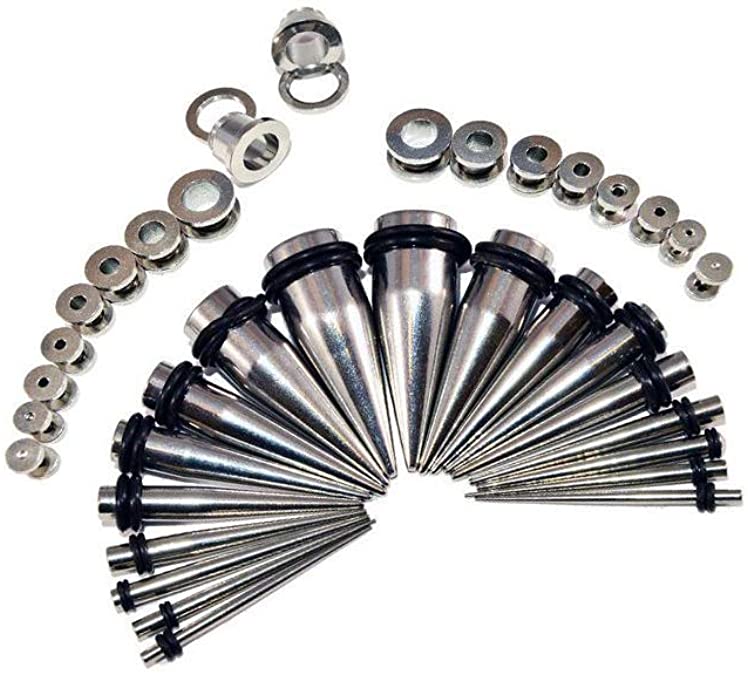 36 Pieces Ear Stretching Kit - Surgical Steel Tapers & Screw Fit Plugs &PCARE