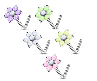 Nose Stud Rings L-shape with Illuminating Stone Set Flower Top 20g