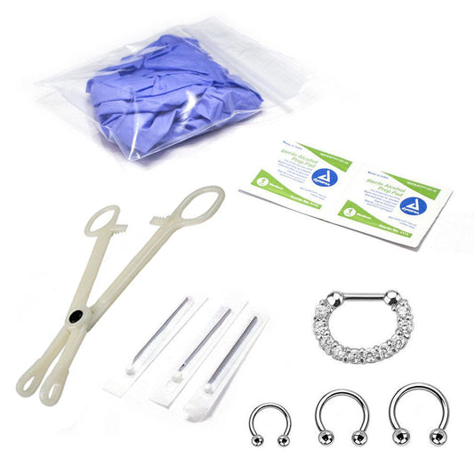10-Pcs Septum Piercing Kit - Horseshoe Circular, Septum, Needle, Forceps, Gloves