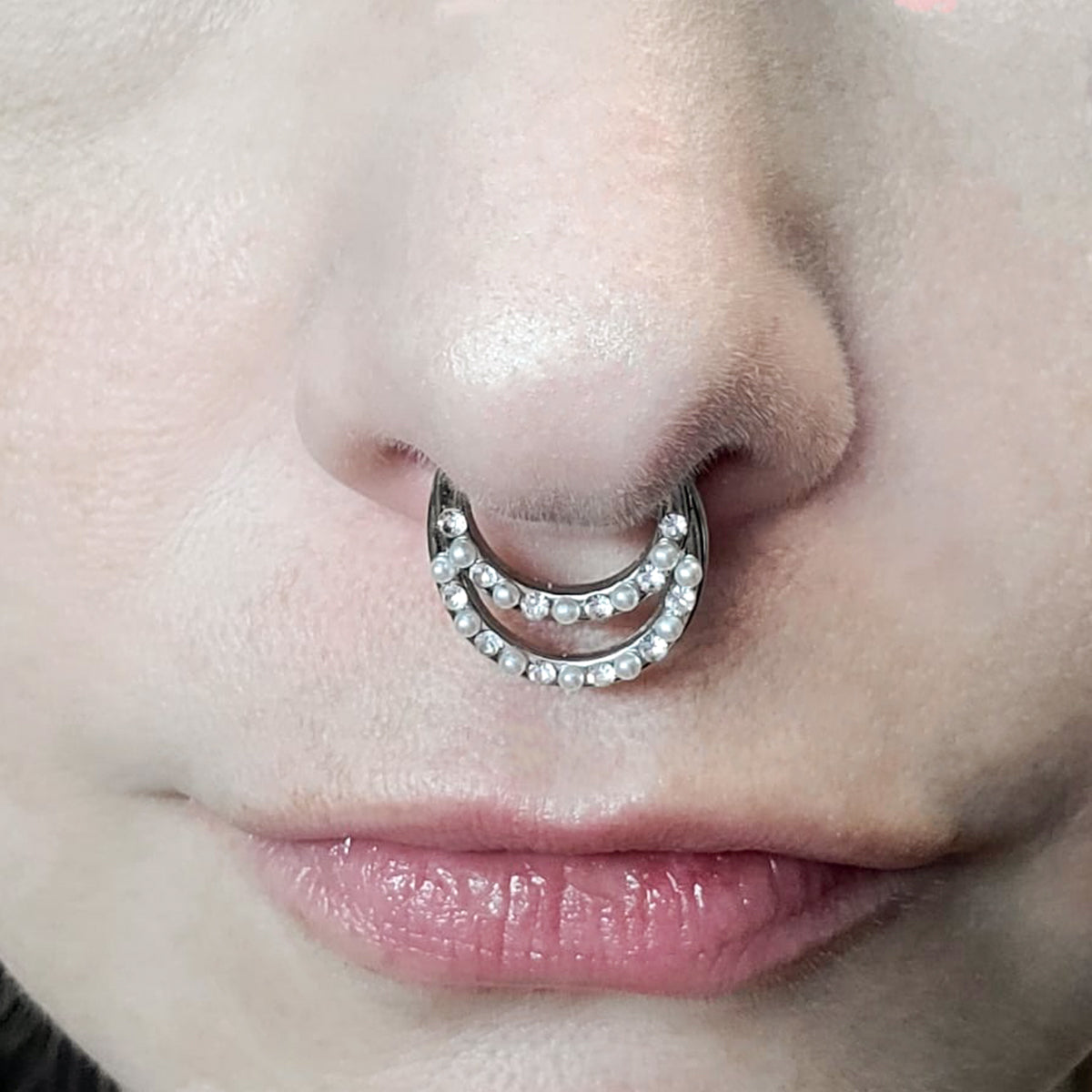 Septum Hinged Clicker Double Row CZ Pearl Jewels Surgical Steel 16 Gauge