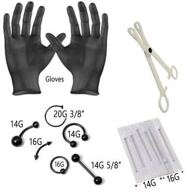 Starter Body Piercing Kit Black 14pcs for Belly Tongue Eyebrow Nipple Lip Nose