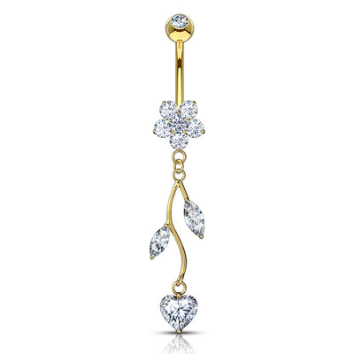 14K Gold Belly Navel Ring - Vine CZ Dangle 14 Karat Solid Yellow Gold Flower