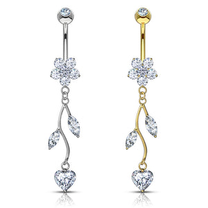 14K Gold Belly Navel Ring - Vine CZ Dangle 14 Karat Solid Yellow Gold Flower