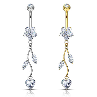 14K Gold Belly Navel Ring - Vine CZ Dangle 14 Karat Solid Yellow Gold Flower