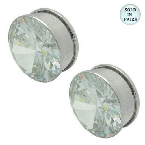Pair of Large Gauge Ear Plug Double Flare with CZ Jeweled