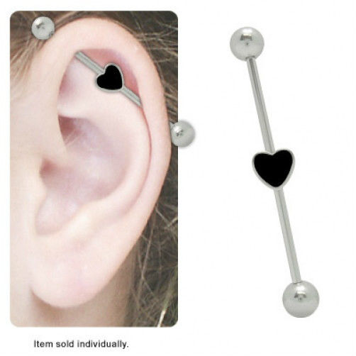 Industrial Barbell Surgical Steel 14G with Black Heart Charm