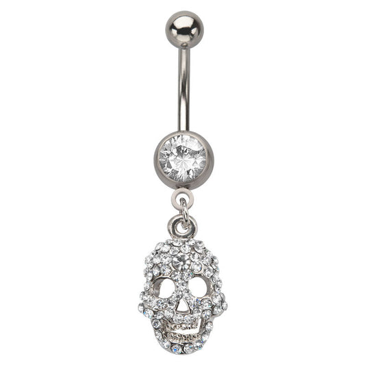 Dangle Skull Head Belly Ring with Clear Cz Gems