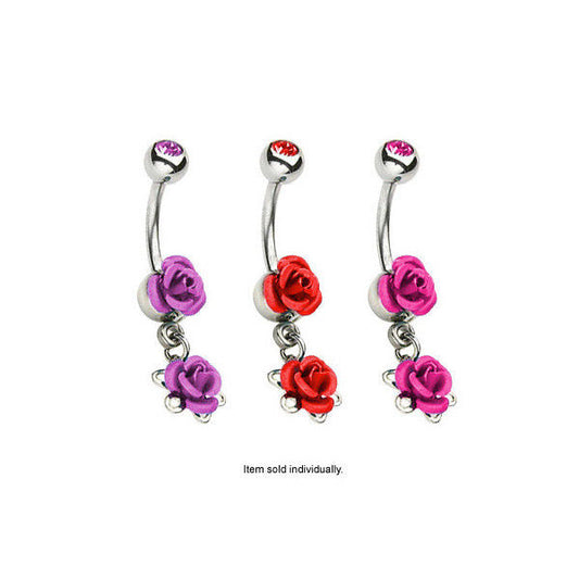 Dangle Rose Belly Ring with Gem Ball Bead