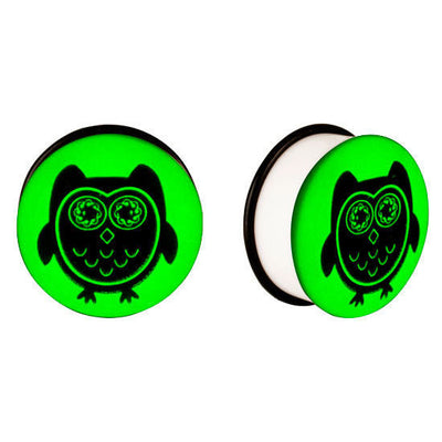 Pair of Single Flare Ear Plugs with Glow in the Dark Owl - 8 Gauge to 13/16"