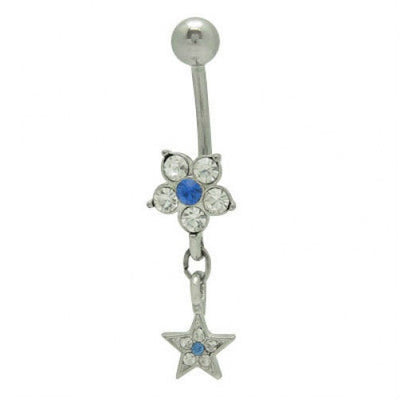 Flower Dangling Star Belly Button Ring 14G