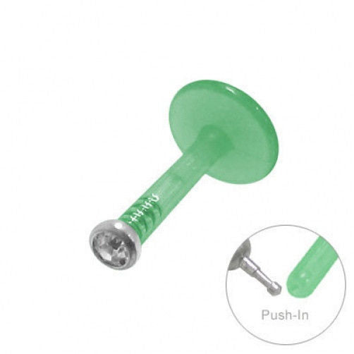 Green Flexible Push-In Threadless Labret Monroe with Clear Gem