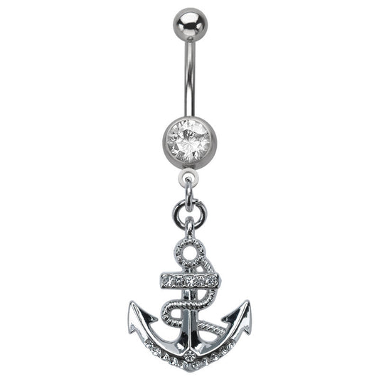 Dangle Anchor Belly Ring with Clear CZ Gems