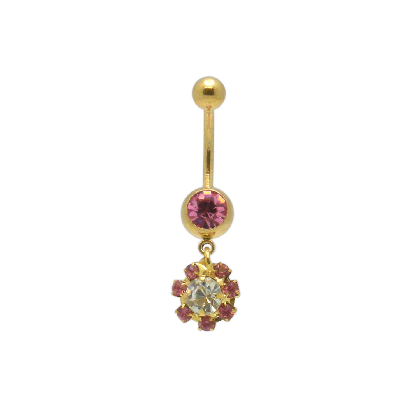 Gold Color Jeweled Flower Belly Ring Navel Barbell Jewelry 14G Surgical Steel