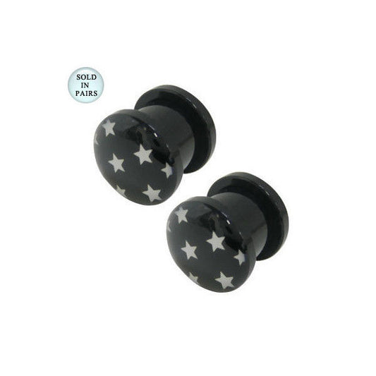 Acrylic Double Flared Screw Fit Ear Plugs with White Star Design