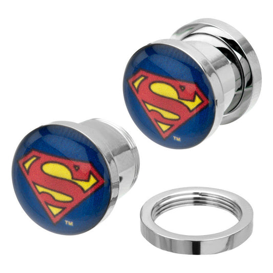 Pair of Ear Plugs Gauges Screw Fit with Superman Logo Design - 0G to 1 Inch