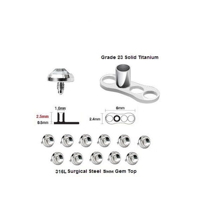 Set of 25 Solid Titanium Base & 5MM Dermal Top Piercing Jewelry