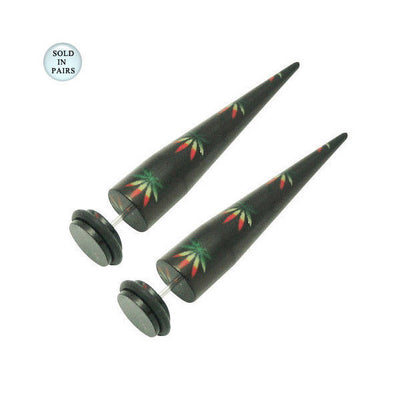 Pair of Acrylic 16G Black Pot Leaf Fake Ear Stretchers
