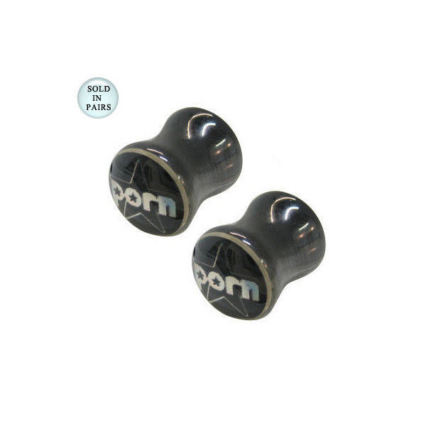 Pair of Black Holographic Double Flared Ear Plug with PORN Logo - 2 Gauge