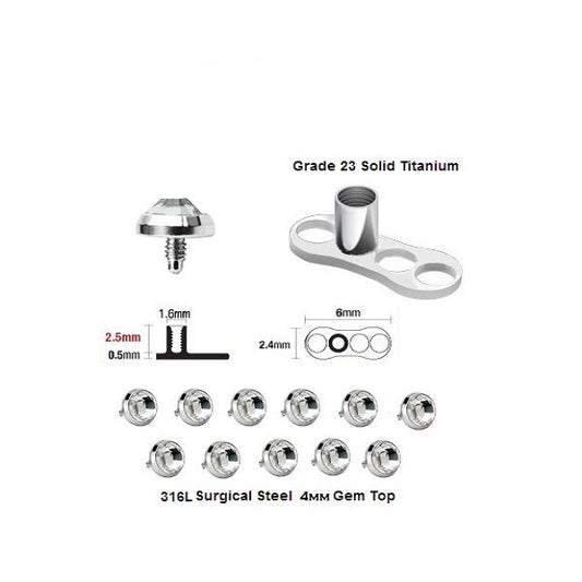 25 Titanium base & 4 mm top Dermal Anchor Piercing Jewelry with Clear CZ Gems