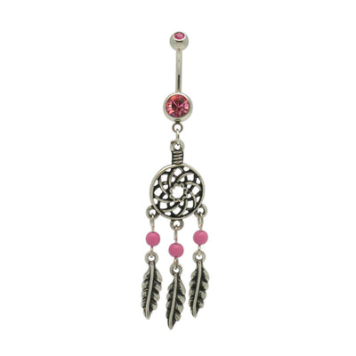 Belly Button Ring Dream Catcher Dangle with Pink CZ