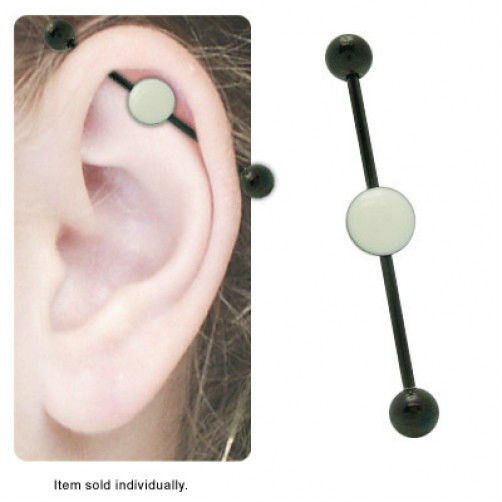 Black Anodized Titanium 14G Industrial Barbell with White Circle