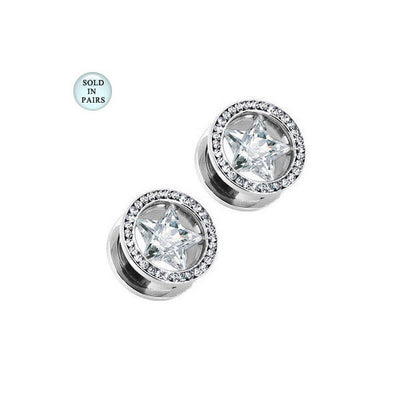 Tunnel Ear Plug with Clear Star Cz Gem Large Gauge Screw-Fit